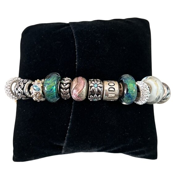 Pandora 925 Black Leather Charm Bracelet With Mixed Beads Glass & Stud Accents - Picture 4 of 7